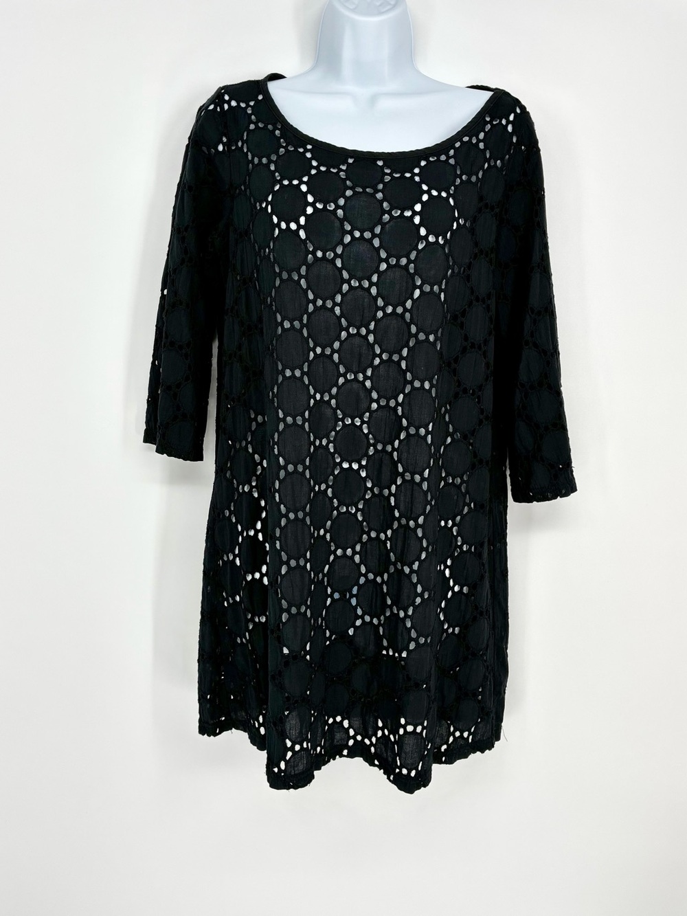 Jordan Taylor Black Cotton Eyelet 3/4 Sleeve Shift Dress Swim Cover Up M